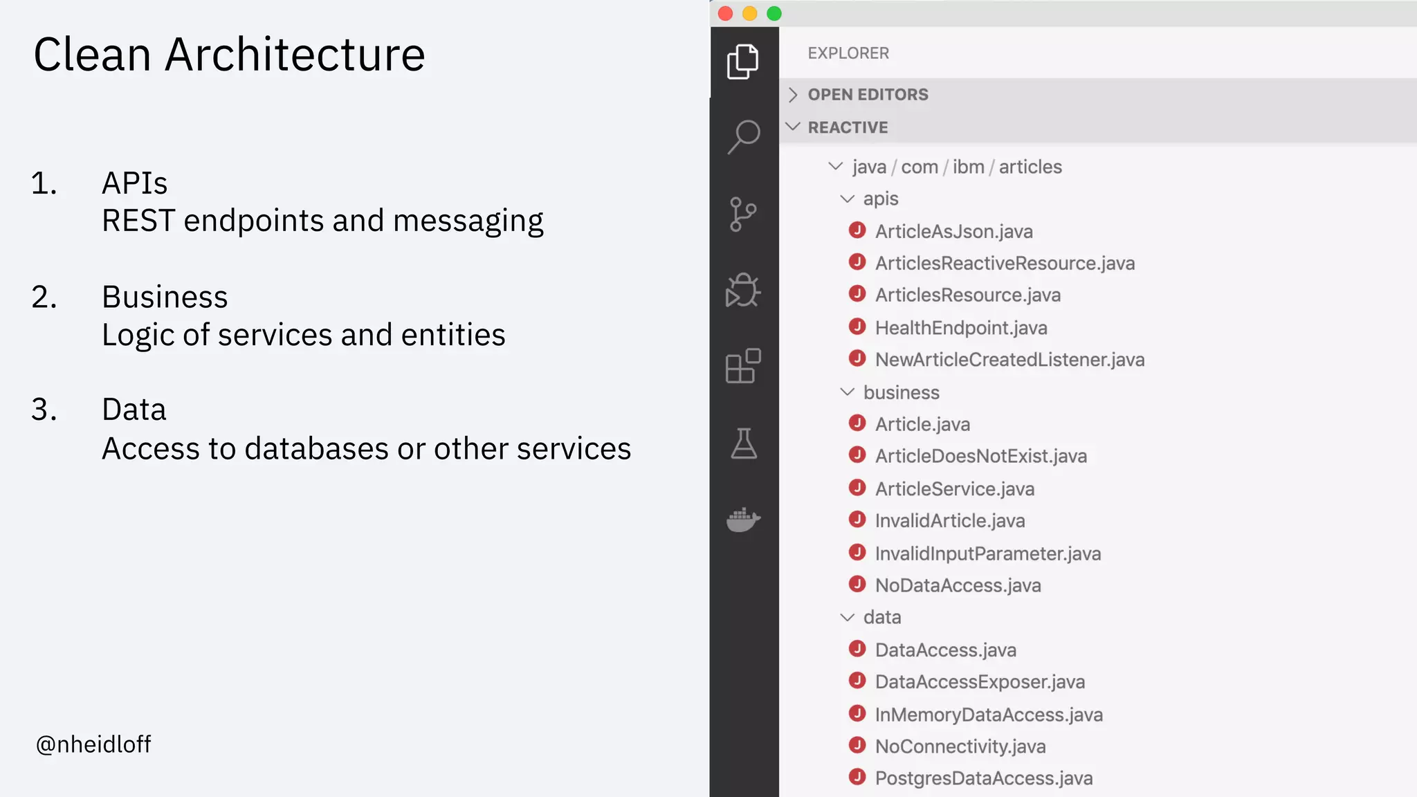 @nheidloff
Clean Architecture
1. APIs
REST endpoints and messaging
2. Business
Logic of services and entities
3. Data
Access to databases or other services
 