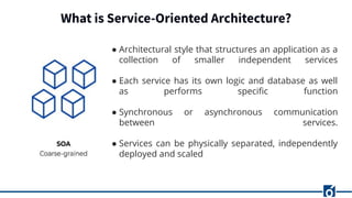 What is Service-Oriented Architecture?
● Architectural style that structures an application as a
collection of smaller independent services
● Each service has its own logic and database as well
as performs speciﬁc function
● Synchronous or asynchronous communication
between services.
● Services can be physically separated, independently
deployed and scaled
 