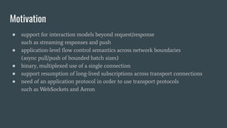 Motivation
● support for interaction models beyond request/response
such as streaming responses and push
● application-level ﬂow control semantics across network boundaries
(async pull/push of bounded batch sizes)
● binary, multiplexed use of a single connection
● support resumption of long-lived subscriptions across transport connections
● need of an application protocol in order to use transport protocols
such as WebSockets and Aeron
 