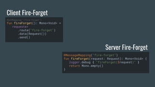 Client Fire-Forget
Server Fire-Forget
@GetMapping("/fire-forget")
fun fireForget(): Mono<Void> =
requester
.route("fire-forget")
.data(Request())
.send()
@MessageMapping("fire-forget")
fun fireForget(request: Request): Mono<Void> {
logger.debug { "fireForget($request)" }
return Mono.empty()
}
 