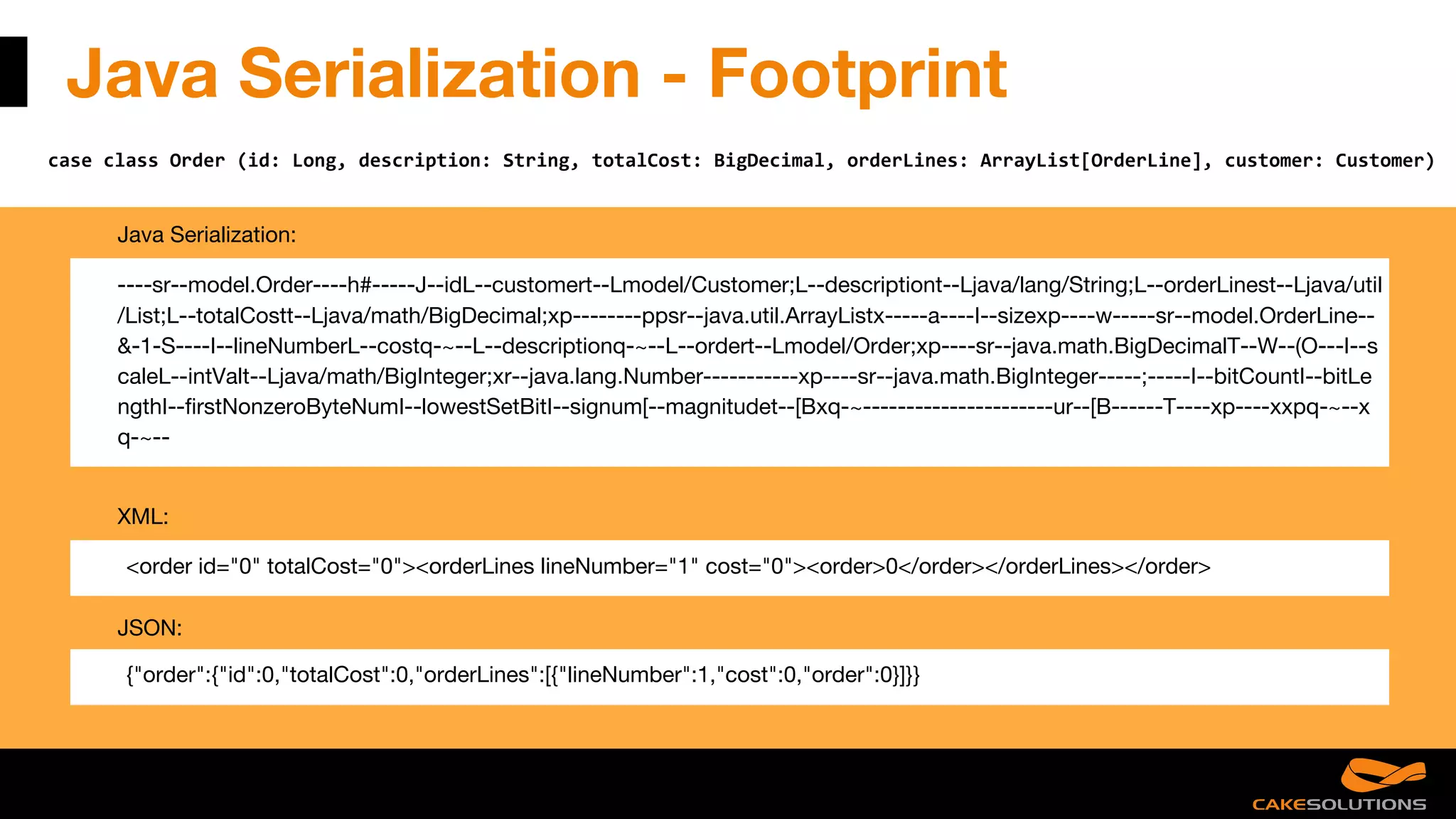 Java Serialization - Footprint
case class Order (id: Long, description: String, totalCost: BigDecimal, orderLines: ArrayList[OrderLine], customer: Customer)
Java Serialization:
----sr--model.Order----h#-----J--idL--customert--Lmodel/Customer;L--descriptiont--Ljava/lang/String;L--orderLinest--Ljava/util
/List;L--totalCostt--Ljava/math/BigDecimal;xp--------ppsr--java.util.ArrayListx-----a----I--sizexp----w-----sr--model.OrderLine--
&-1-S----I--lineNumberL--costq-~--L--descriptionq-~--L--ordert--Lmodel/Order;xp----sr--java.math.BigDecimalT--W--(O---I--s
caleL--intValt--Ljava/math/BigInteger;xr--java.lang.Number-----------xp----sr--java.math.BigInteger-----;-----I--bitCountI--bitLe
ngthI--firstNonzeroByteNumI--lowestSetBitI--signum[--magnitudet--[Bxq-~----------------------ur--[B------T----xp----xxpq-~--x
q-~--
XML:
<order id="0" totalCost="0"><orderLines lineNumber="1" cost="0"><order>0</order></orderLines></order>
JSON:
{"order":{"id":0,"totalCost":0,"orderLines":[{"lineNumber":1,"cost":0,"order":0}]}}
 