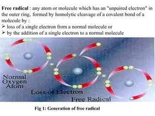 Free radical : any atom or molecule which has an "unpaired electron" in
the outer ring, formed by homolytic cleavage of a covalent bond of a
molecule by :
 loss of a single electron from a normal molecule or
 by the addition of a single electron to a normal molecule
Fig 1: Generation of free radical
 