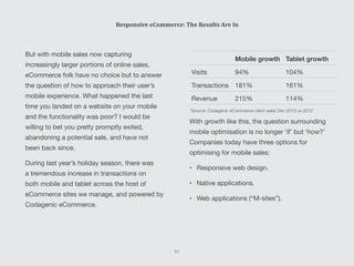 But with mobile sales now capturing
increasingly larger portions of online sales,
eCommerce folk have no choice but to answer
the question of how to approach their user’s
mobile experience. What happened the last
time you landed on a website on your mobile
and the functionality was poor? I would be
willing to bet you pretty promptly exited,
abandoning a potential sale, and have not
been back since.
During last year’s holiday season, there was
a tremendous increase in transactions on
both mobile and tablet across the host of
eCommerce sites we manage, and powered by
Codagenic eCommerce.
Mobile growth Tablet growth
Visits 94% 104%
Transactions 181% 161%
Revenue 215% 114%
*Source: Codagenic eCommerce client sales Dec 2013 vs 2012
With growth like this, the question surrounding
mobile optimisation is no longer ‘if’ but ‘how?’
Companies today have three options for
optimising for mobile sales:
•	 Responsive web design.
•	 Native applications.
•	 Web applications (“M-sites”).
51
Responsive eCommerce: The Results Are In
 