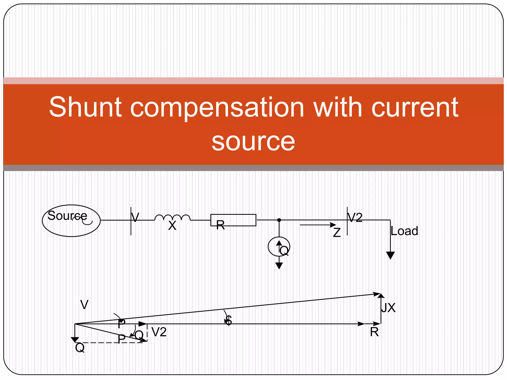 Shunt compensation with current
           source

Source    V                           V2
                  X   R                         Load
                                  Z
                              Q



    V                                          JX
         P                $
             V2                            R
         P Q
    Q
 
