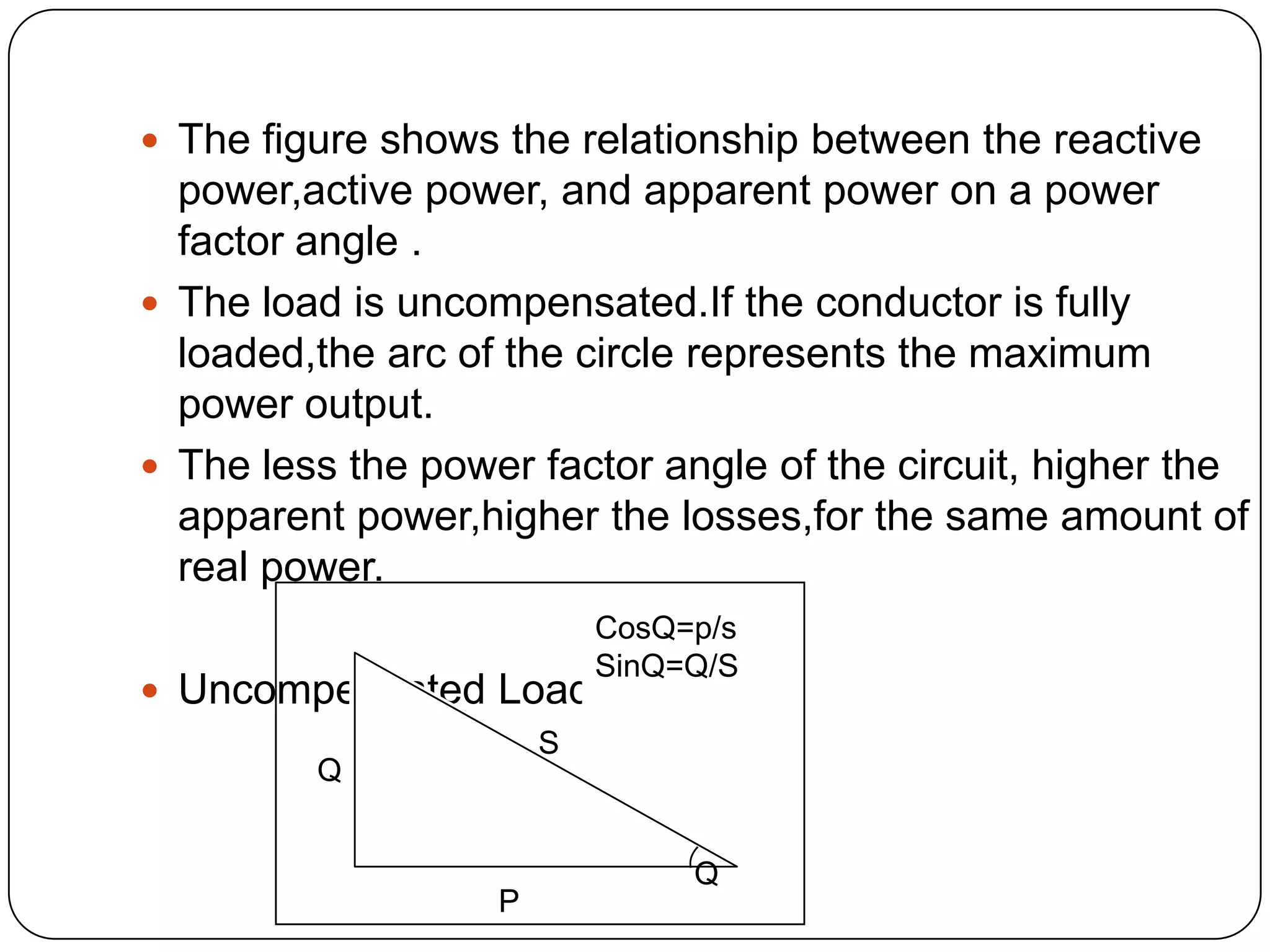  The figure shows the relationship between the reactive
  power,active power, and apparent power on a power
  factor angle .
 The load is uncompensated.If the conductor is fully
  loaded,the arc of the circle represents the maximum
  power output.
 The less the power factor angle of the circuit, higher the
  apparent power,higher the losses,for the same amount of
  real power.
                           CosQ=p/s
                           SinQ=Q/S
 Uncompensated Load
                       S
         Q


                                Q
                   P
 
