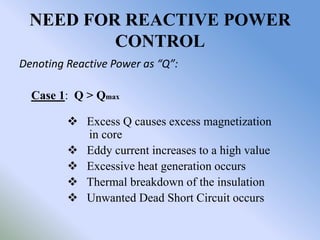 NEED FOR REACTIVE POWER
          CONTROL
Denoting Reactive Power as “Q”:

  Case 1: Q > Qmax

          Excess Q causes ...