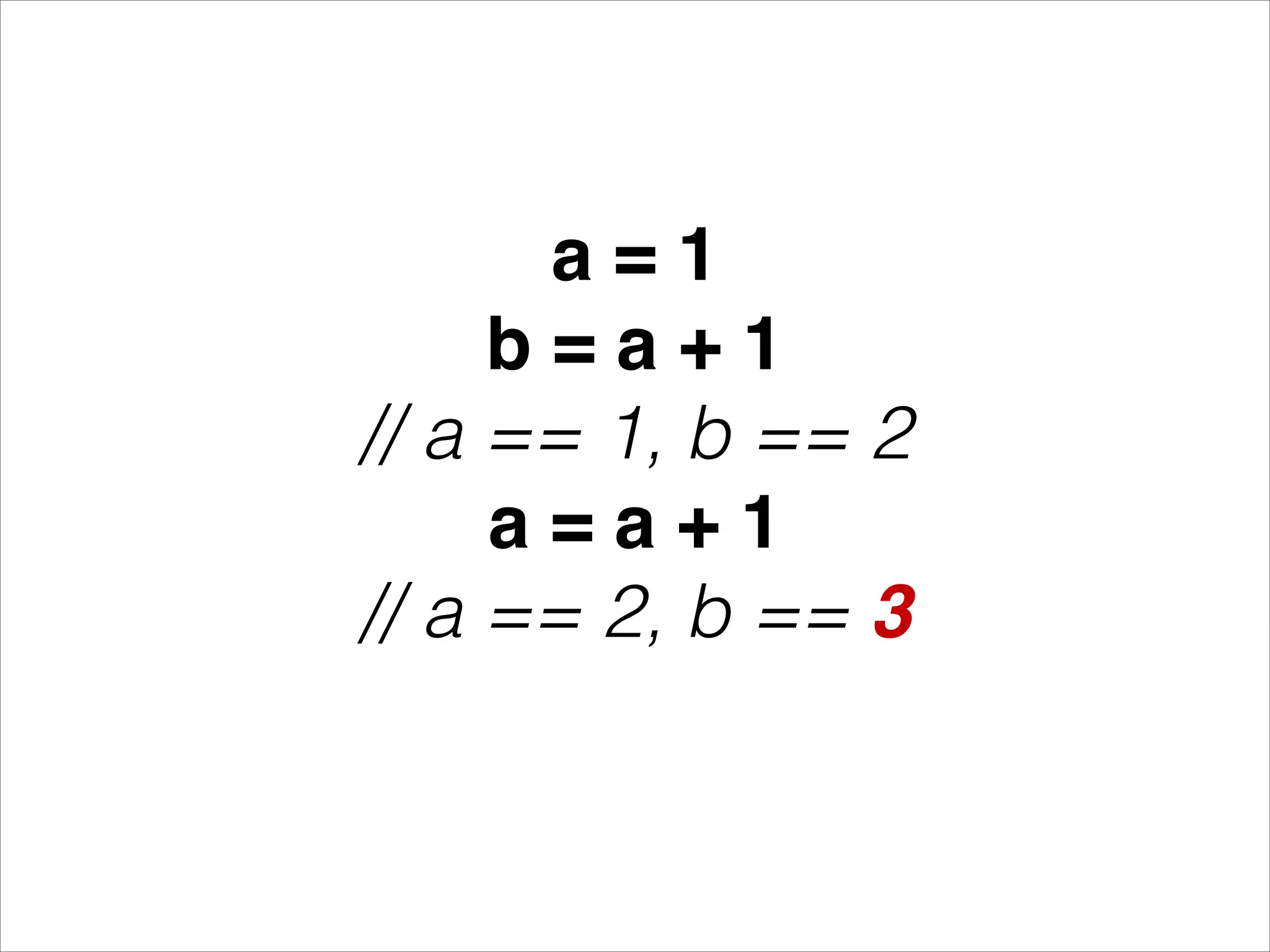 a = 1! b = a + 1! // a == 1, b == 2 a = a + 1! // a == 2, b == 3 
