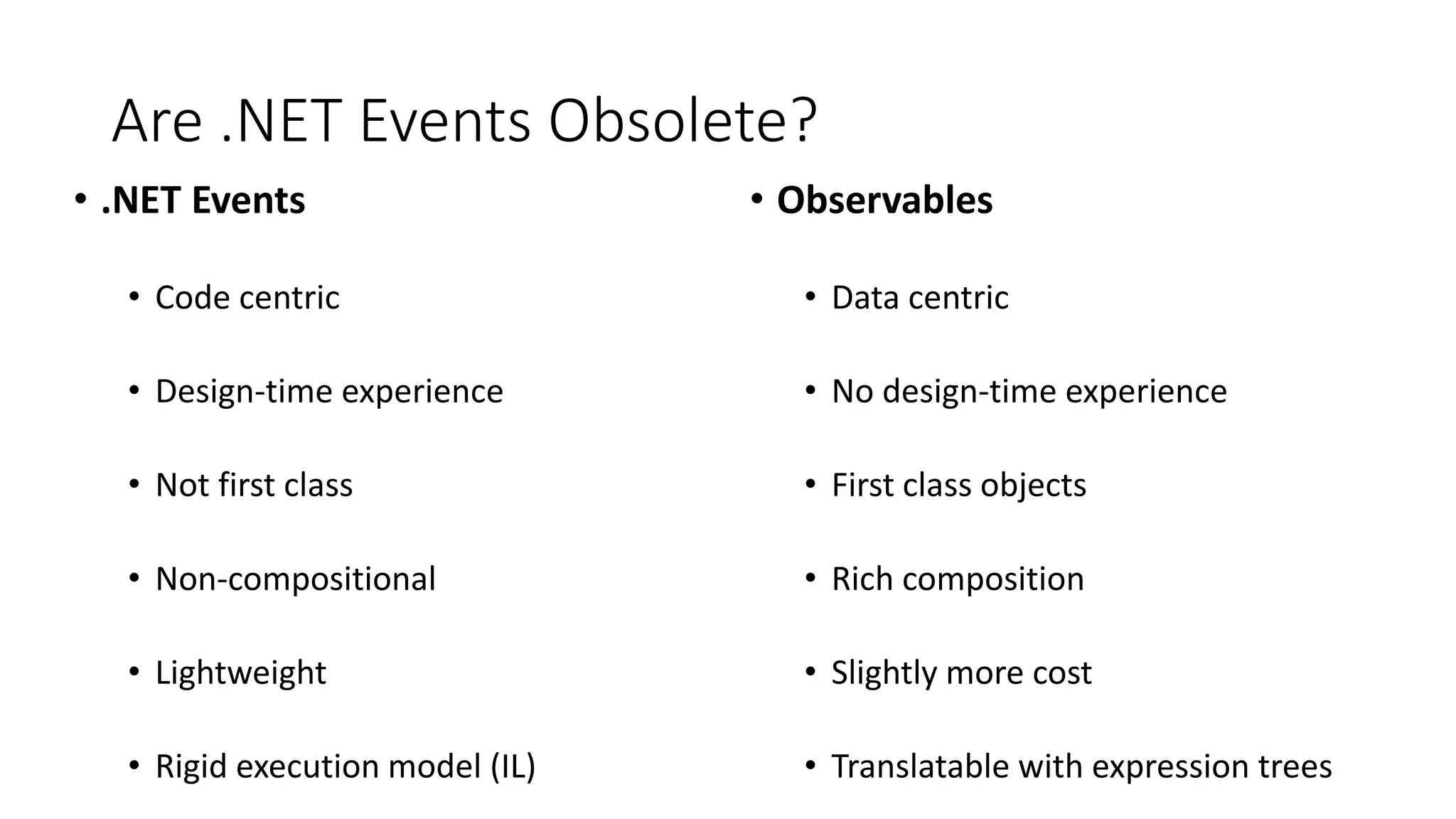 Are .NET Events Obsolete?
• .NET Events
• Code centric
• Design-time experience
• Not first class
• Non-compositional
• Lightweight
• Rigid execution model (IL)
• Observables
• Data centric
• No design-time experience
• First class objects
• Rich composition
• Slightly more cost
• Translatable with expression trees
 