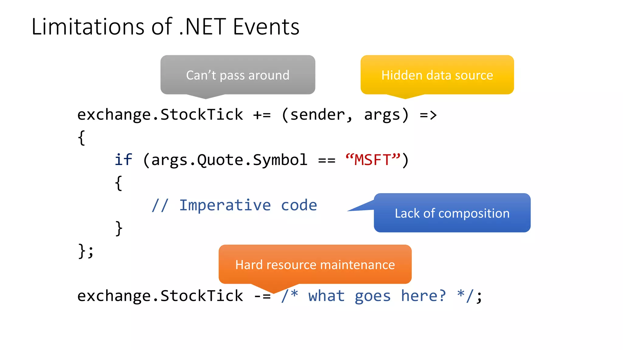 Limitations of .NET Events
exchange.StockTick += (sender, args) =>
{
if (args.Quote.Symbol == “MSFT”)
{
// Imperative code
}
};
exchange.StockTick -= /* what goes here? */;
 