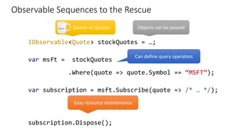 Observable Sequences to the Rescue
IObservable<Quote> stockQuotes = …;
var msft = stockQuotes
.Where(quote => quote.Symbol == “MSFT”);
var subscription = msft.Subscribe(quote => /* … */);
subscription.Dispose();
 