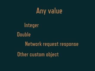 Any value
Integer
Double
Network request response
Other custom object
 