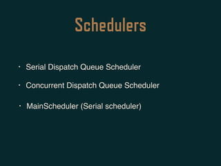 Schedulers
• Serial Dispatch Queue Scheduler
• Concurrent Dispatch Queue Scheduler
• MainScheduler (Serial scheduler)
 