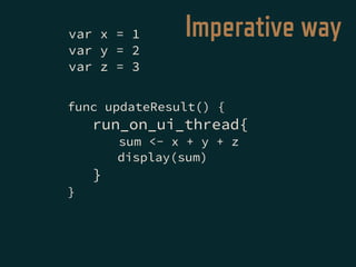 func updateResult() {
run_on_ui_thread{
sum <- x + y + z
display(sum)
}
}
var x = 1
var y = 2
var z = 3
Imperative way
 