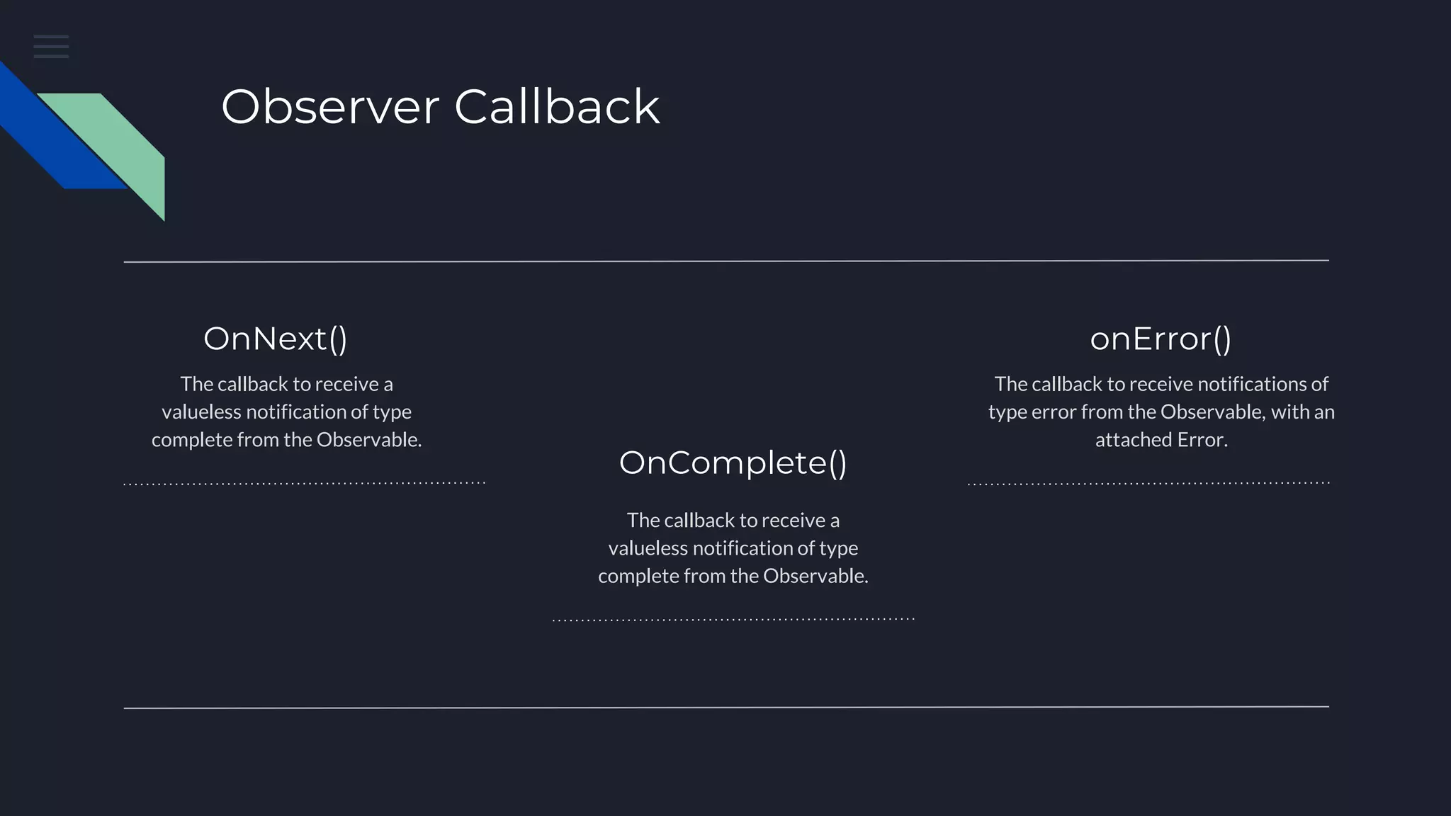 Observer Callback
OnNext()
The callback to receive a
valueless notification of type
complete from the Observable.
OnComplete()
The callback to receive a
valueless notification of type
complete from the Observable.
onError()
The callback to receive notifications of
type error from the Observable, with an
attached Error.
 