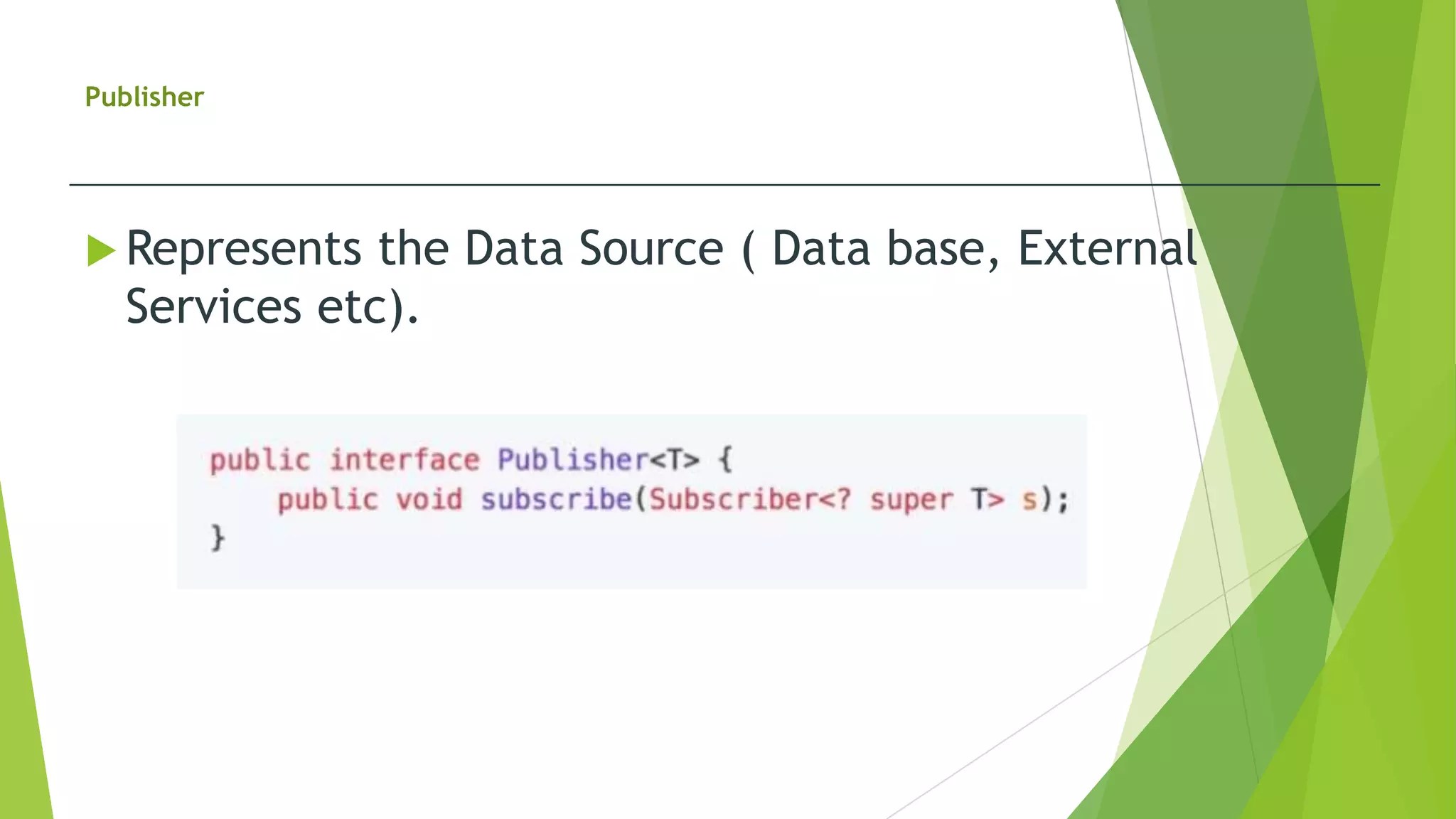 Publisher
 Represents the Data Source ( Data base, External
Services etc).
 