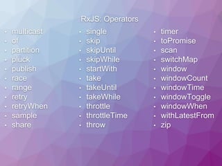 RxJS: Operators
• multicast
• of
• partition
• pluck
• publish
• race
• range
• retry
• retryWhen
• sample
• share
• single
• skip
• skipUntil
• skipWhile
• startWith
• take
• takeUntil
• takeWhile
• throttle
• throttleTime
• throw
• timer
• toPromise
• scan
• switchMap
• window
• windowCount
• windowTime
• windowToggle
• windowWhen
• withLatestFrom
• zip
 