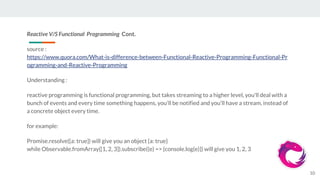 Reactive V/S Functional Programming Cont.
source :
https://www.quora.com/What-is-difference-between-Functional-Reactive-Programming-Functional-Pr
ogramming-and-Reactive-Programming
Understanding :
reactive programming is functional programming, but takes streaming to a higher level, you'll deal with a
bunch of events and every time something happens, you'll be notified and you'll have a stream, instead of
a concrete object every time.
for example:
Promise.resolve({a: true}) will give you an object {a: true}
while Observable.fromArray([1, 2, 3]).subscribe((e) => {console.log(e)}) will give you 1, 2, 3
10
 