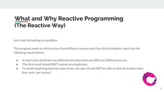 What and Why Reactive Programming
(The Reactive Way)
Let’s start by looking at a problem.
This program needs to retrieve data from different sources with the click of a button, and it has the
following requirements:
● It must unify data from two different locations that use different JSON structures.
● The final result should NOT contain any duplicates.
● To avoid requesting data too many times, the user should NOT be able to click the button more
than once per second.
3
 