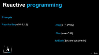 Reactive programming
29
.map(e -> e*100)
.forEach(System.out::println)
.filter(e->e<551)
Example
ReactiveSeq.of(6,5,1,2)
 