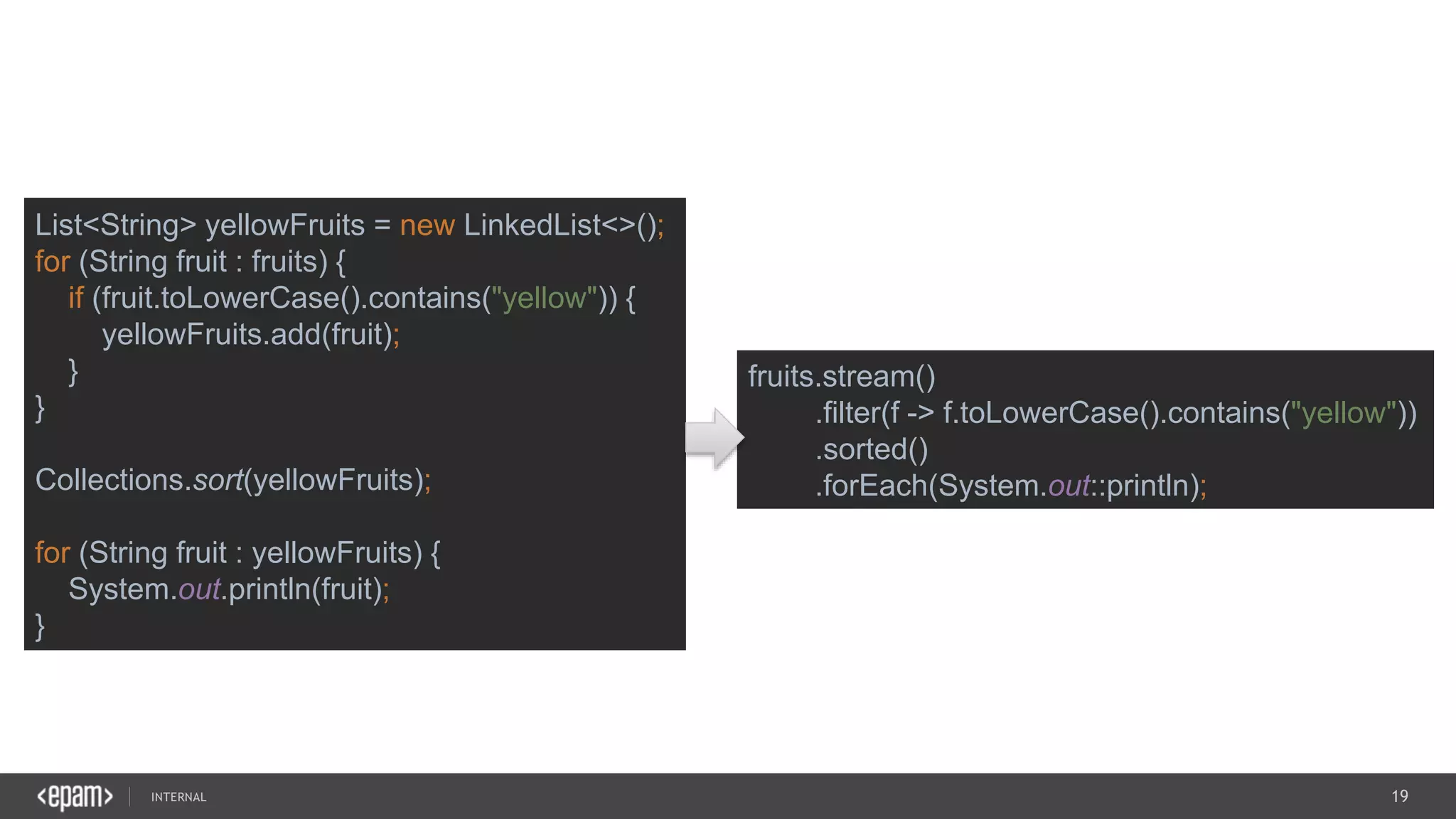 19SEC-2015
List<String> yellowFruits = new LinkedList<>();
for (String fruit : fruits) {
if (fruit.toLowerCase().contains("yellow")) {
yellowFruits.add(fruit);
}
}
Collections.sort(yellowFruits);
for (String fruit : yellowFruits) {
System.out.println(fruit);
}
fruits.stream()
.filter(f -> f.toLowerCase().contains("yellow"))
.sorted()
.forEach(System.out::println);
 