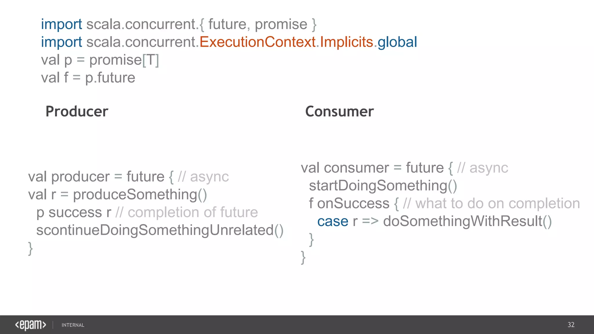 32SEC-2015
Producer Consumer
import scala.concurrent.{ future, promise }
import scala.concurrent.ExecutionContext.Implicits.global
val p = promise[T]
val f = p.future
val producer = future { // async
val r = produceSomething()
p success r // completion of future
scontinueDoingSomethingUnrelated()
}
val consumer = future { // async
startDoingSomething()
f onSuccess { // what to do on completion
case r => doSomethingWithResult()
}
}
 