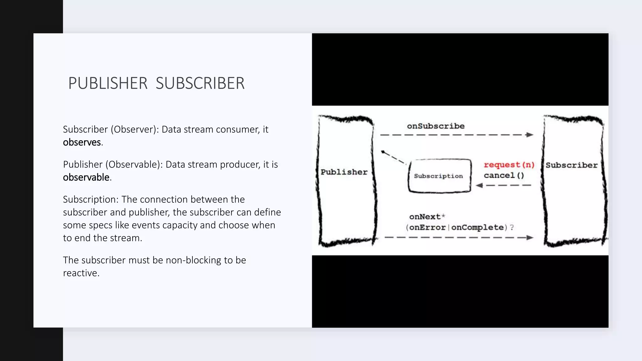 PUBLISHER SUBSCRIBER Subscriber (Observer): Data stream consumer, it observes. Publisher (Observable): Data stream producer, it is observable. Subscription: The connection between the subscriber and publisher, the subscriber can define some specs like events capacity and choose when to end the stream. The subscriber must be non-blocking to be reactive. 