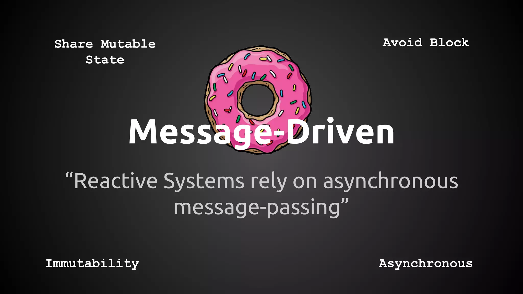 Message-Driven
“Reactive Systems rely on asynchronous
message-passing”
Share Mutable
State
Immutability
Avoid Block
Asynchronous
 