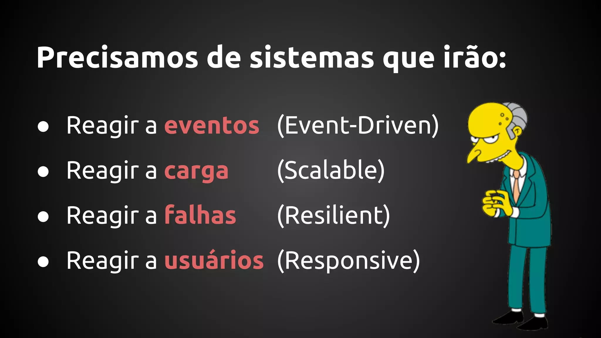 Precisamos de sistemas que irão:
● Reagir a eventos (Event-Driven)
● Reagir a carga (Scalable)
● Reagir a falhas (Resilient)
● Reagir a usuários (Responsive)
 