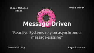 Message-Driven
“Reactive Systems rely on asynchronous
message-passing”
Share Mutable
State
Immutability
Avoid Block
Asynchronous
 