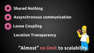 “Almost” no limit to scalability.
Shared Nothing
Assynchronous communication
Location Transparency
Loose Coupling
 