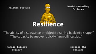 Resilience
“The ability of a substance or object to spring back into shape.”
“The capacity to recover quickly from difficulties.”
Failure recover
Manage failure
locally
Avoid cascading
failures
Isolate the
failure
 