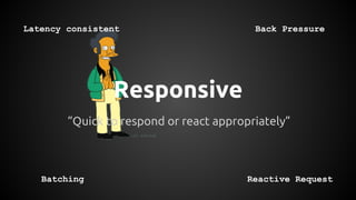 Responsive
“Quick to respond or react appropriately”
Latency consistent
Batching
Back Pressure
Reactive Request
 
