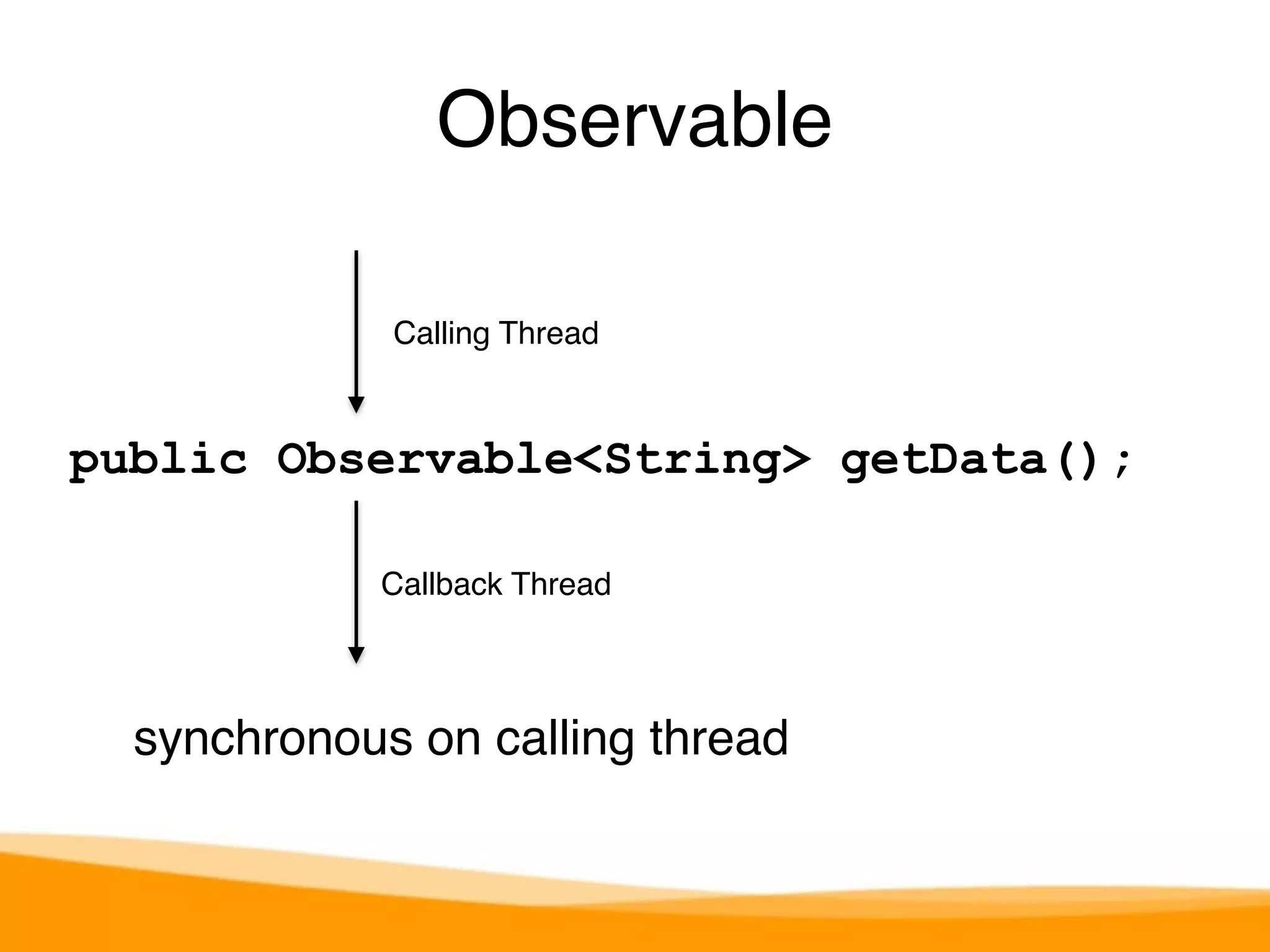 Observable 
Calling Thread 
public Observable<String> getData(); 
Callback Thread 
synchronous on calling thread 
 