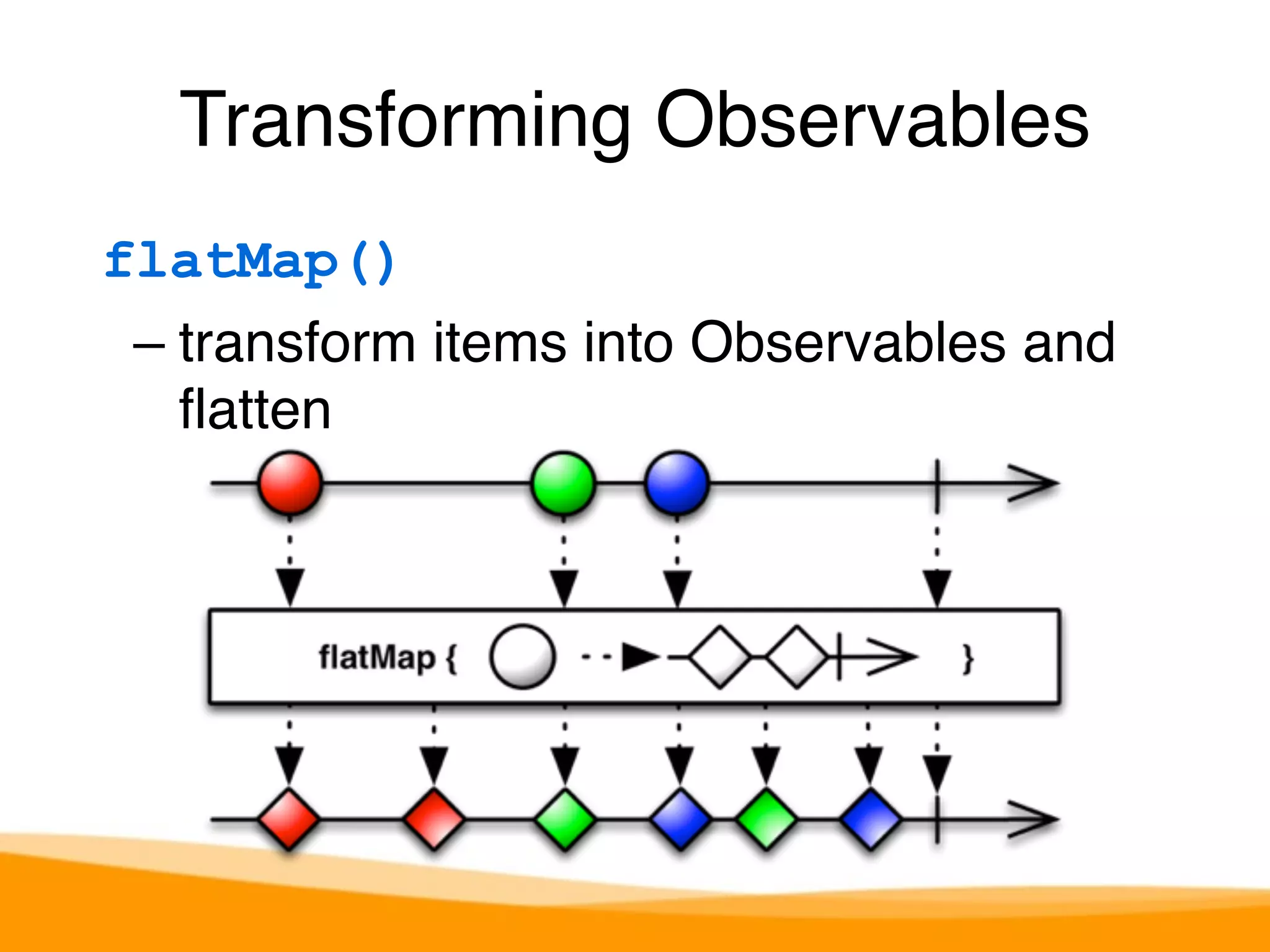 Transforming Observables 
flatMap() 
– transform items into Observables and 
flatten 
 
