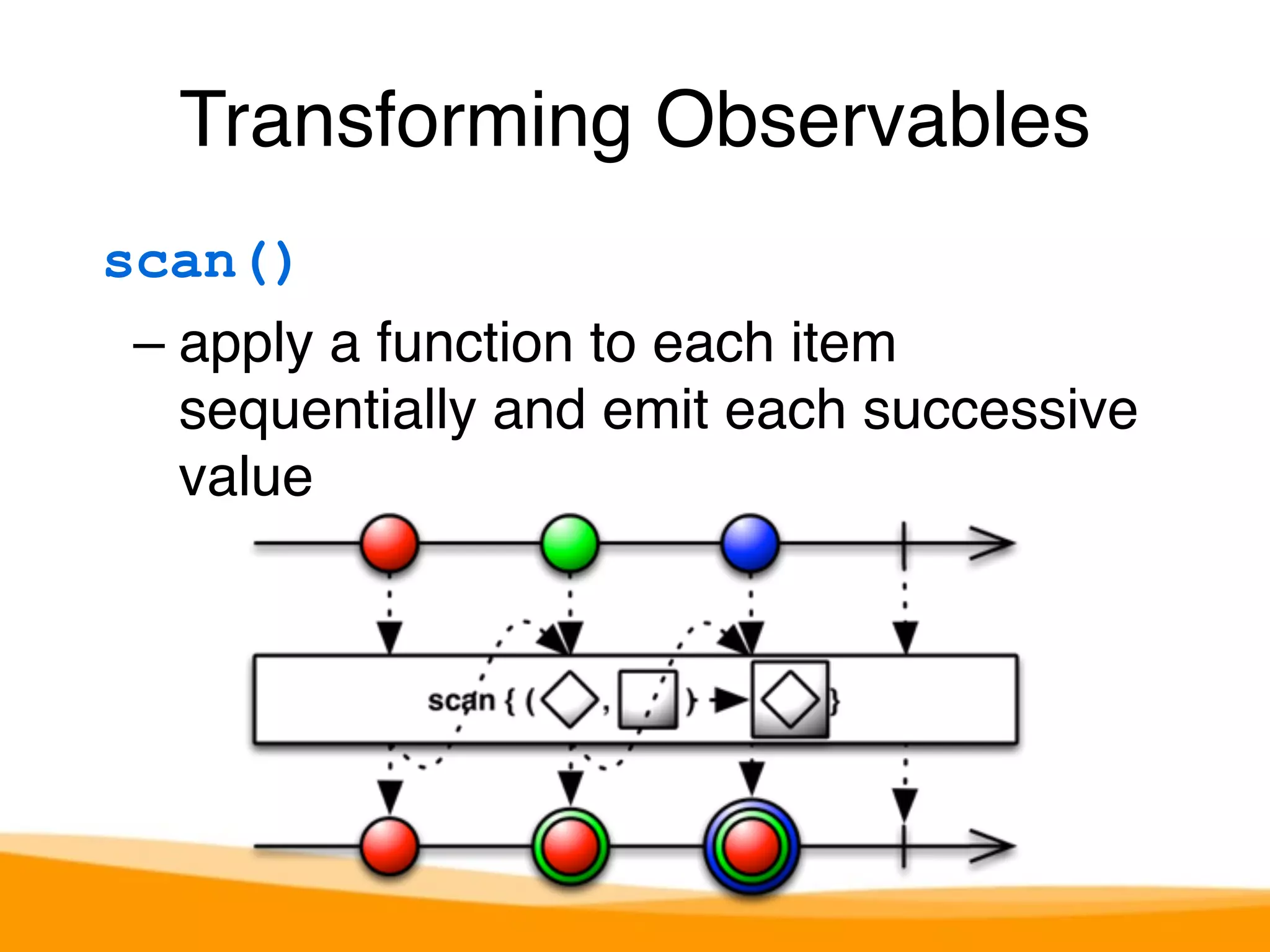 Transforming Observables 
scan() 
– apply a function to each item 
sequentially and emit each successive 
value 
 