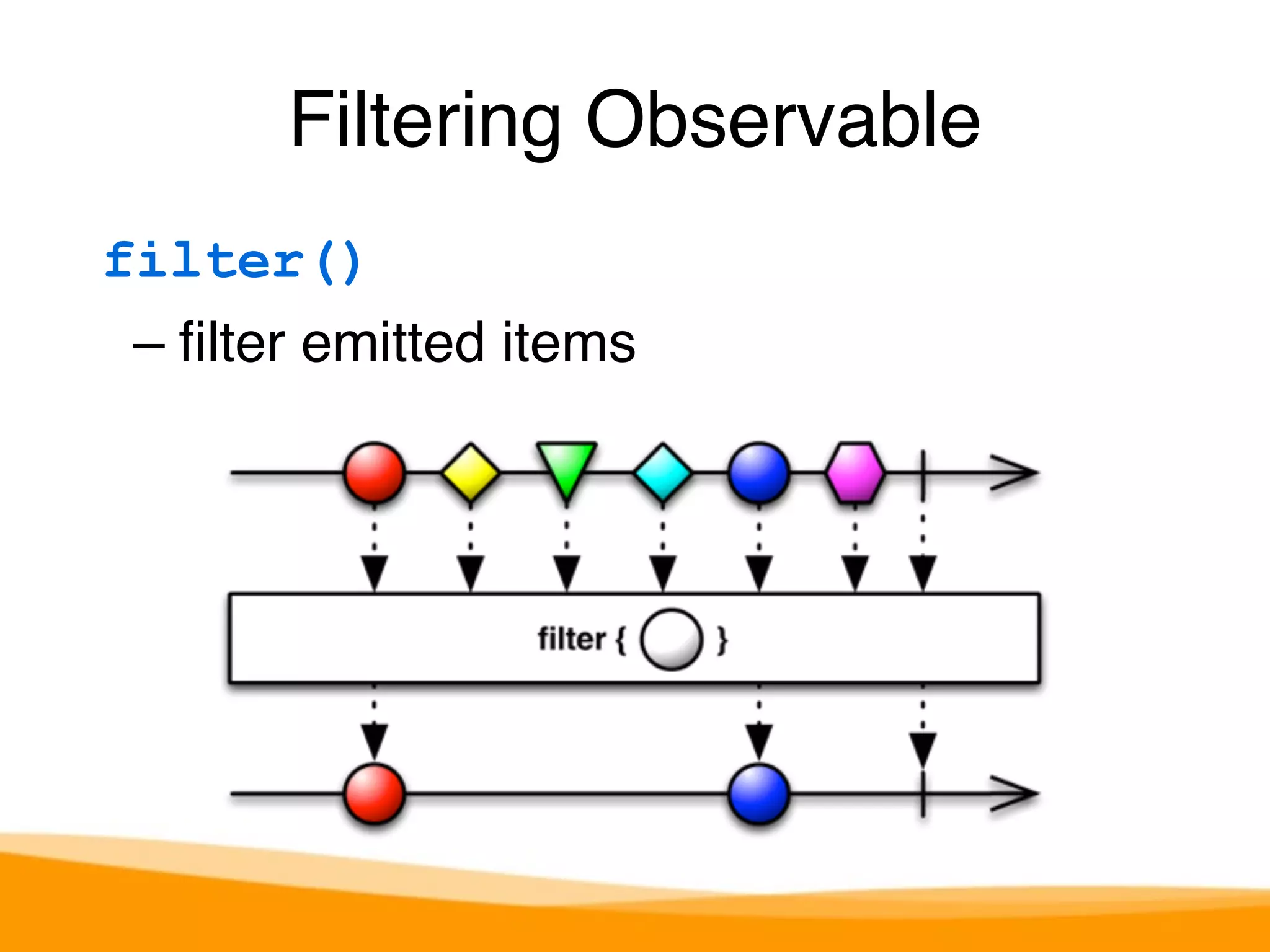 Filtering Observable 
filter() 
– filter emitted items 
 