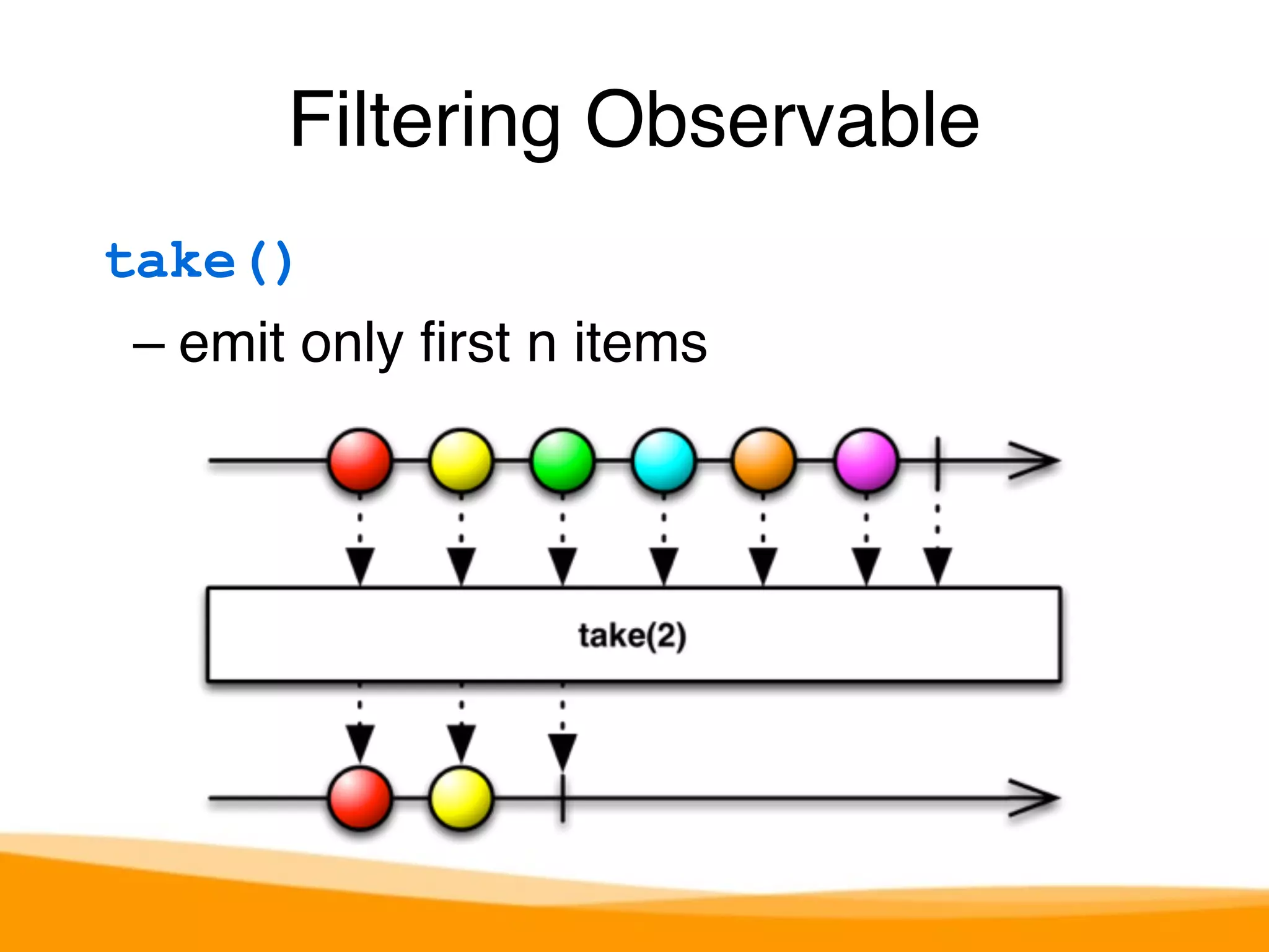 Filtering Observable 
take() 
– emit only first n items 
 