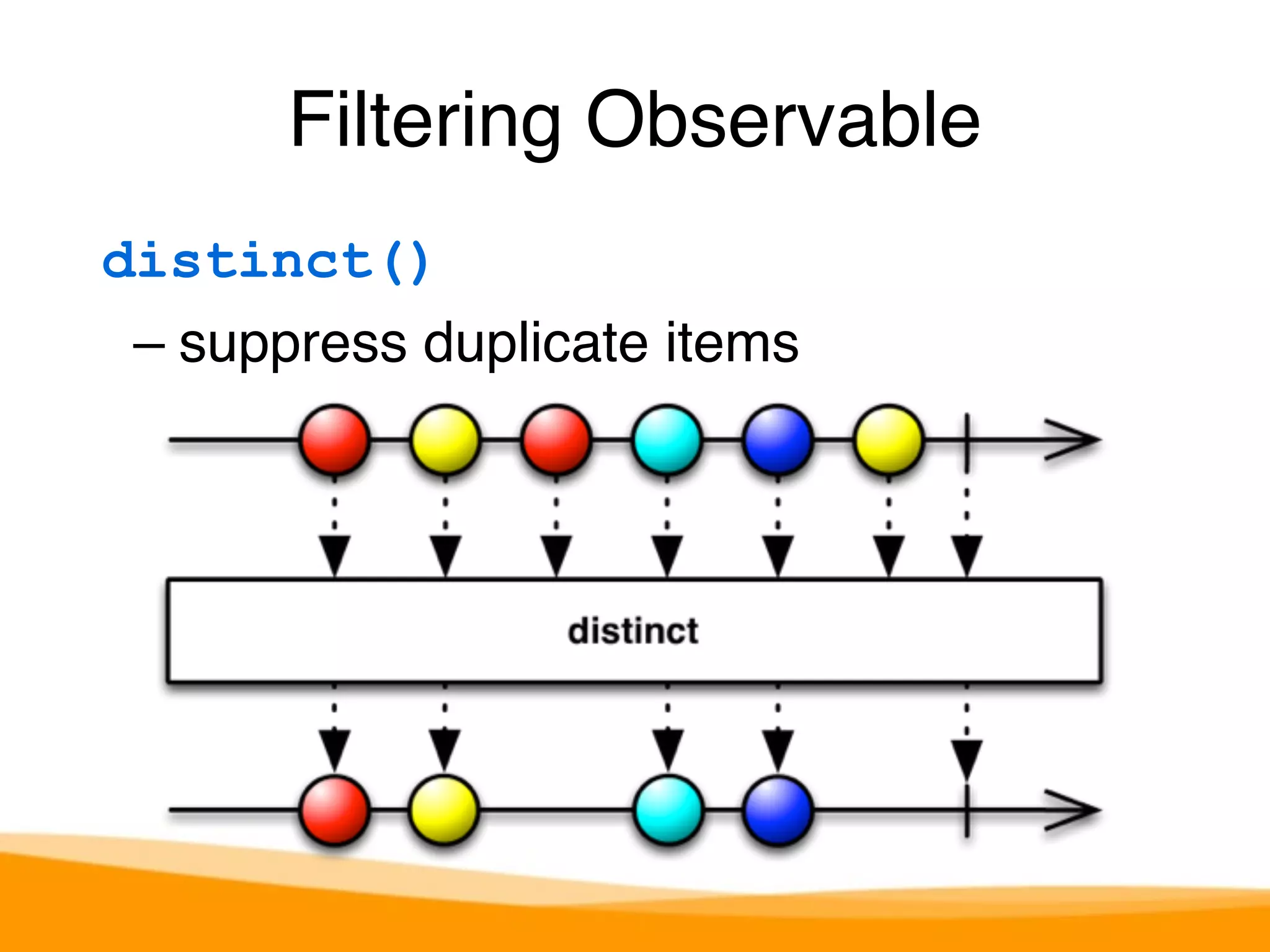 Filtering Observable 
distinct() 
– suppress duplicate items 
 