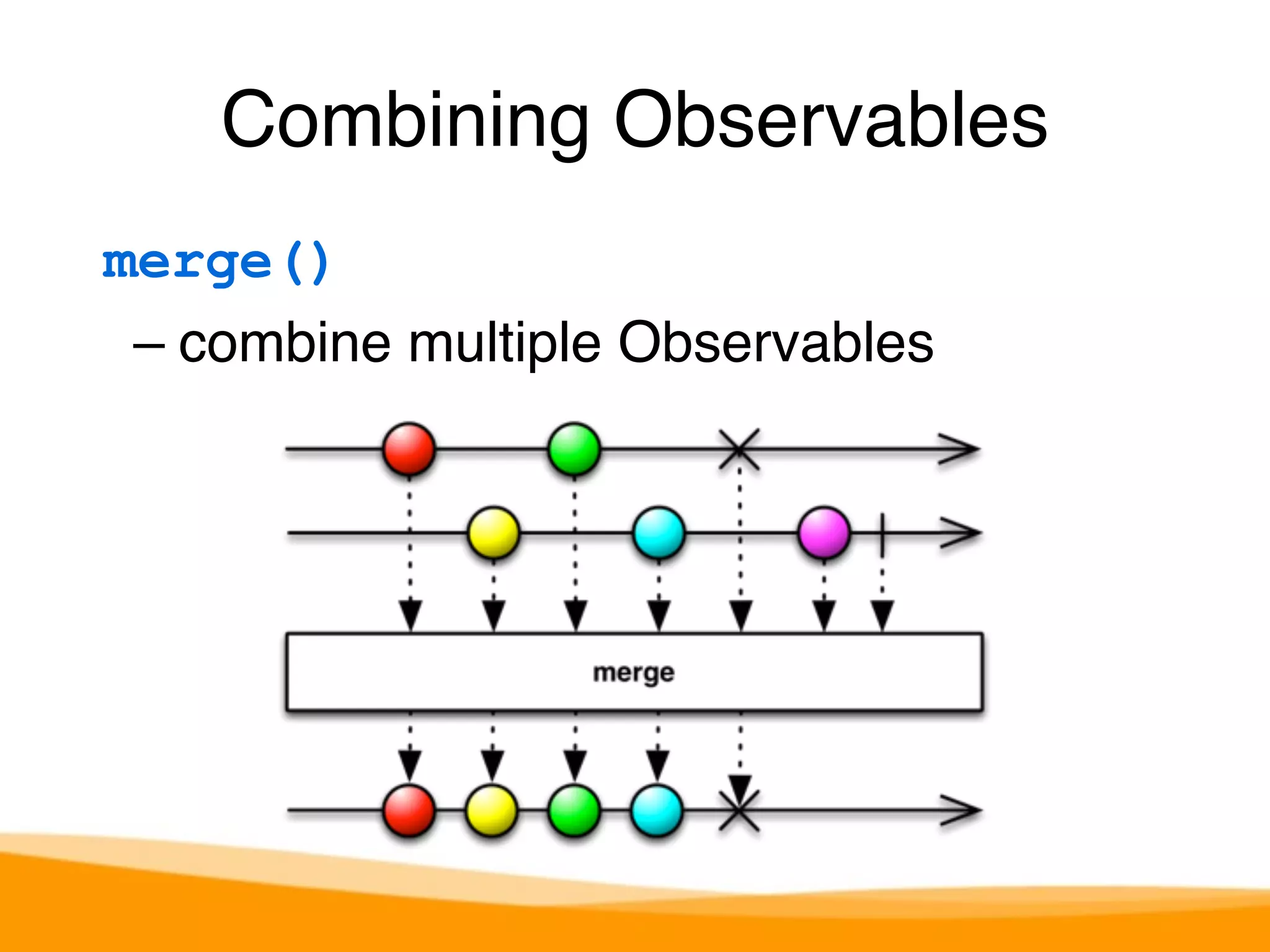Combining Observables 
merge() 
– combine multiple Observables 
 
