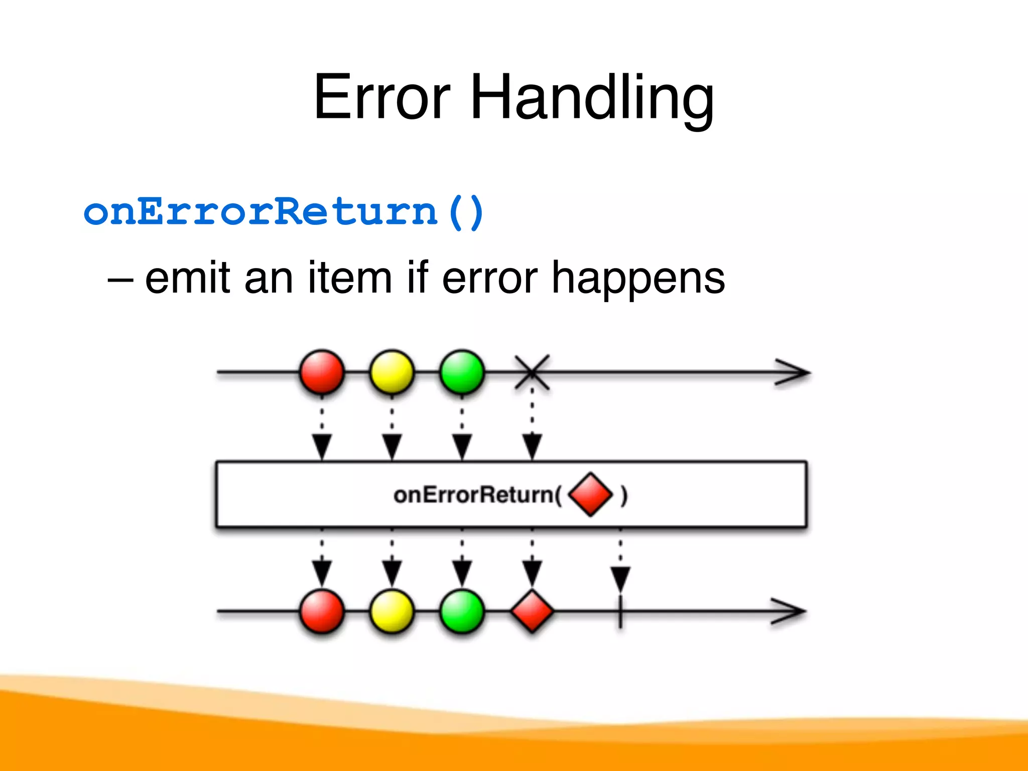 Error Handling 
onErrorReturn() 
– emit an item if error happens 
 