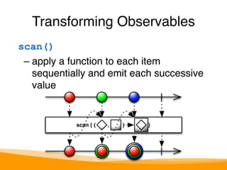 Transforming Observables 
scan() 
– apply a function to each item 
sequentially and emit each successive 
value 
 