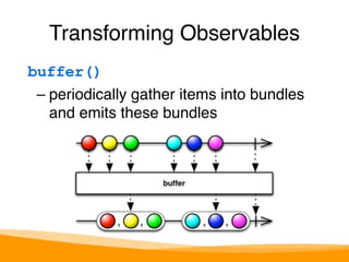 Transforming Observables 
buffer() 
– periodically gather items into bundles 
and emits these bundles 
 