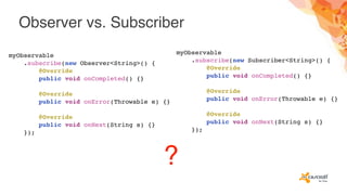 Observer vs. Subscriber
?
myObservable
.subscribe(new Observer<String>() {
@Override
public void onCompleted() {}
@Override
public void onError(Throwable e) {}
@Override
public void onNext(String s) {}
});
myObservable
.subscribe(new Subscriber<String>() {
@Override
public void onCompleted() {}
@Override
public void onError(Throwable e) {}
@Override
public void onNext(String s) {}
});
 