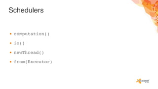 Schedulers
▪ computation()
▪ io()
▪ newThread()
▪ from(Executor)
 