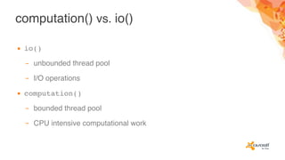 computation() vs. io()
▪ io()
– unbounded thread pool
– I/O operations
▪ computation()
– bounded thread pool
– CPU intensive computational work
 