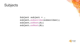 Subjects
Subject subject = …
subject.subscribe(subscriber);
subject.onNext(A);
subject.onNext(B);
 