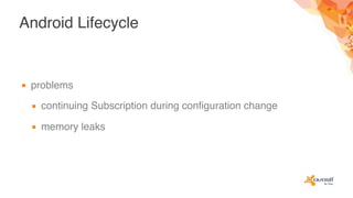 Android Lifecycle
▪ problems
▪ continuing Subscription during configuration change
▪ memory leaks
 