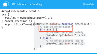 @ticofabOld school error handling
ArrayList<Result> results;
try {
results = myDatabase.query(...)
} catch(Exception e) {
e.printStackTrace();
}
getResults(params, function(err,result) {
// did an error occur?
if ( err ) {
// handle the error safely
console.log('4/0=err', err)
} else {
// no error occured, go on
console.log('4/0='+result)
}
})
 