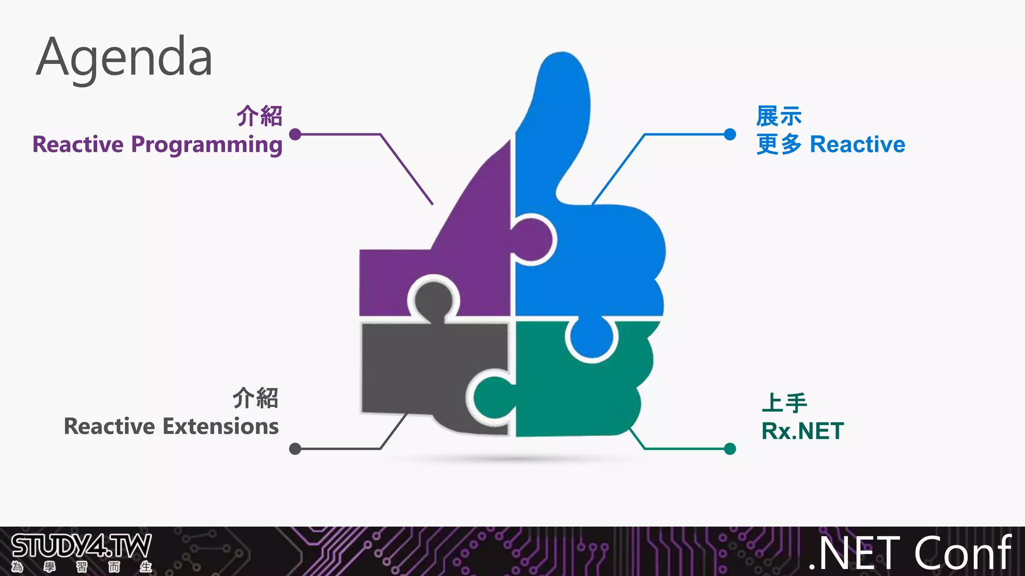 .NET Conf
介紹
Reactive Programming
展示
更多 Reactive
上手
Rx.NET
介紹
Reactive Extensions
 