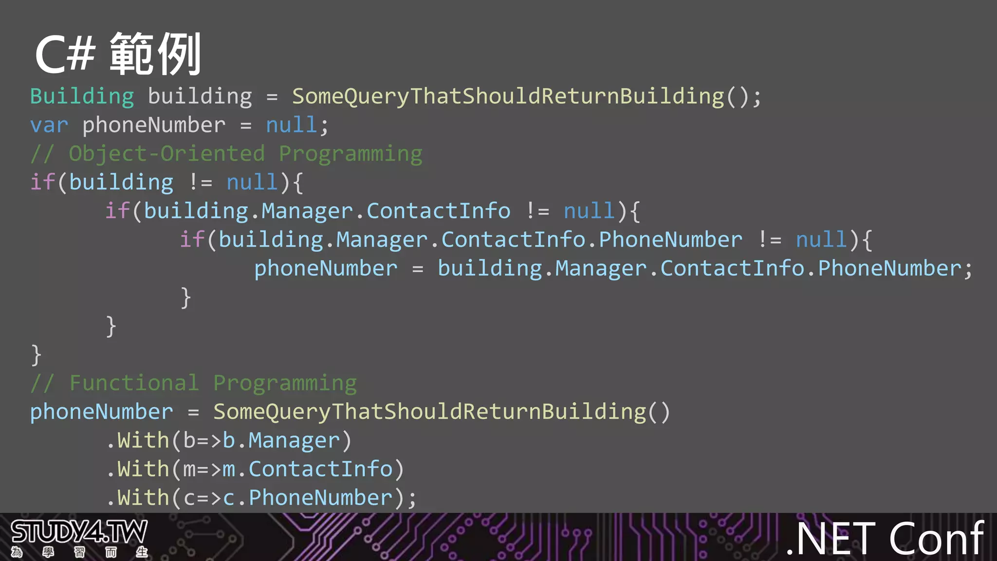 .NET Conf
C# 範例
Building building = SomeQueryThatShouldReturnBuilding();
var phoneNumber = null;
// Object-Oriented Programming
if(building != null){
if(building.Manager.ContactInfo != null){
if(building.Manager.ContactInfo.PhoneNumber != null){
phoneNumber = building.Manager.ContactInfo.PhoneNumber;
}
}
}
// Functional Programming
phoneNumber = SomeQueryThatShouldReturnBuilding()
.With(b=>b.Manager)
.With(m=>m.ContactInfo)
.With(c=>c.PhoneNumber);
 